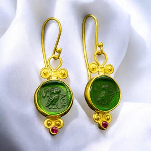 Athena Owl Ancient Earrings | 24K Gold Plated 925 Sterling Silver | Ancient Greek Owl Earrings | Mythology Roman Goddess Earrings by Pellada