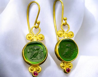 Athena Owl Ancient Earrings | 24K Gold Plated 925 Sterling Silver | Ancient Greek Owl Earrings | Mythology Roman Goddess Earrings by Pellada