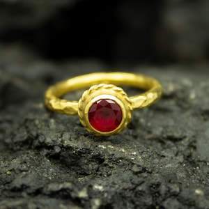 Stackable Birthstone Ring | 24K Gold Over 925 Sterling Silver | Red Cubic Zirconia Stacking Ring | Elegant Jewelry | Dainty Gift By Pellada