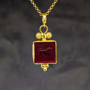 Greek Lion Intaglio Red Glass Necklace | 925 Sterling Silver | Ancient Roman Intaglio Pendant | Lydia Lion Necklace Gift  by Pellada