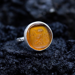 Athena Owl Intaglio Yellow Glass Ring | 925 Sterling Silver | Ancient Greek Owl Carving Ring | Mythology Goddess Dainty Jewelry by Pellada