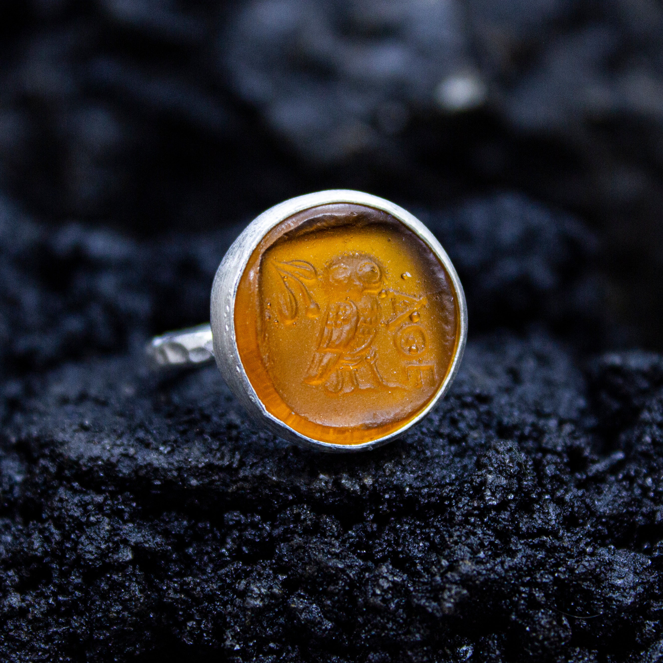Athena Owl Intaglio Yellow Glass Ring | 925 Sterling Silver | Ancient Greek Owl Carving Ring | Mytho