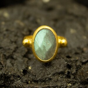 Ancient Labradorite Diamond Cut Ring | 925 Sterling Silver Ring 24K Gold Plated | Natural Labradorite  Domed Ring | Handmade By Pellada