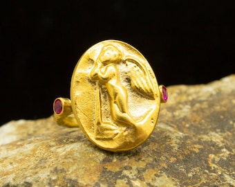 Schutzengel Siegelring | 24K Vergoldet | Vintage Gold Schutzengel Münze | Religiöse Medaille Ring | Schutzgeschenk von Pellada