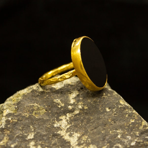 Black Onyx Ring | Handmade Ancient Ring | 925 Sterling Silver 24K Gold Plated | Oval Onyx Gemstone Ring | Minimalist Jewelry Gift by Pellada