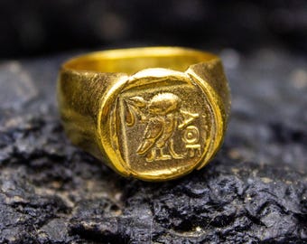 Ancient Greek Vintage Gold Plated Owl Ring | 925 Sterling Silver | Athena Coin Ring | Ancient Greek Art | Historical Art Gift by Pellada