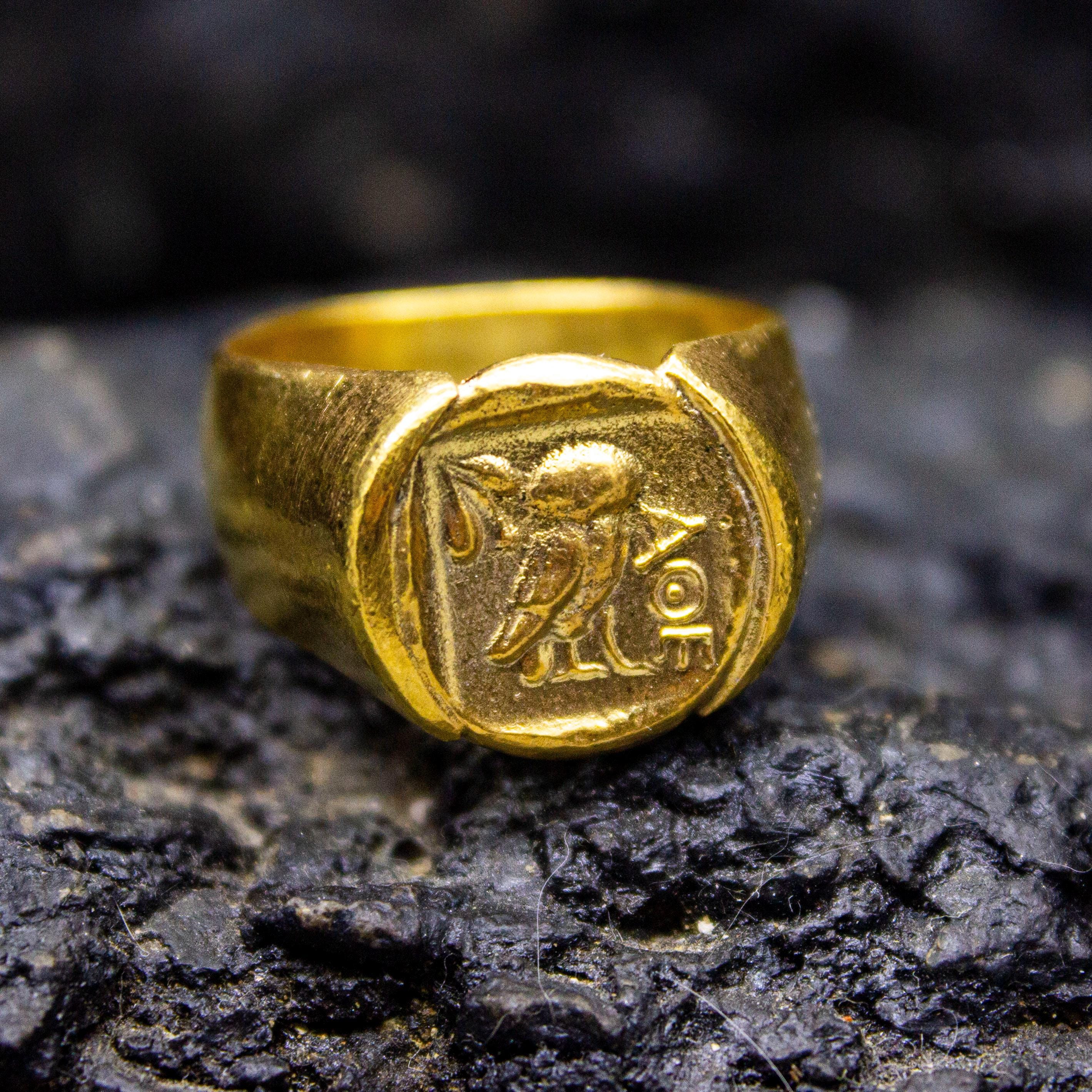 Ancient Greek Vintage Gold Plated Owl Ring | 925 Sterling Silver | Athena Coin Ring | Ancient Greek 