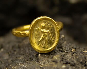 Greek Art Guardian Angel Gold Ring | 24K Gold Plated 925 Sterling Silver | Medallion Ring | Ancient Grecian Jewelry | Vintage Gift  Pellada