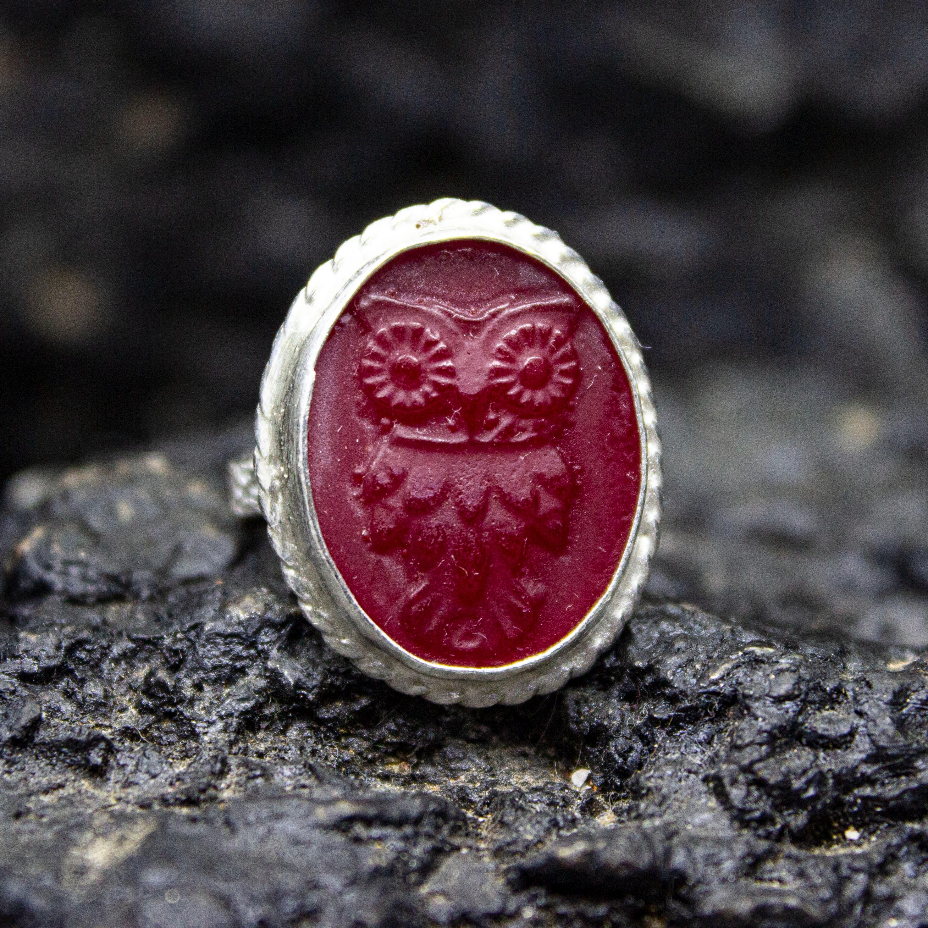 Ancient Greek Owl Intaglio Glass Ring 925 Sterling Silver