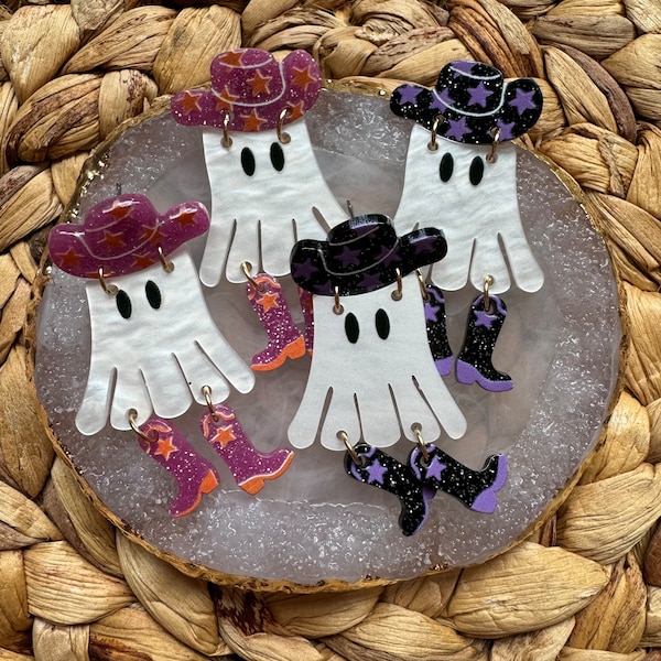 Cowboy Sparkly Hat Ghost Earrings - Gothic Jewelry - Halloween Earrings - Spooky Season - Spooky Season Earrings - Boo! - Free Shipping