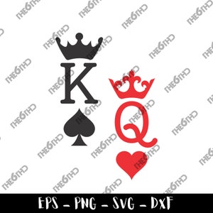 May include: Black and red King and Queen playing card design with crowns. The King has a spade symbol and the Queen has a heart symbol. The text "EPS - PNG - SVG - DXF" is at the bottom of the image.