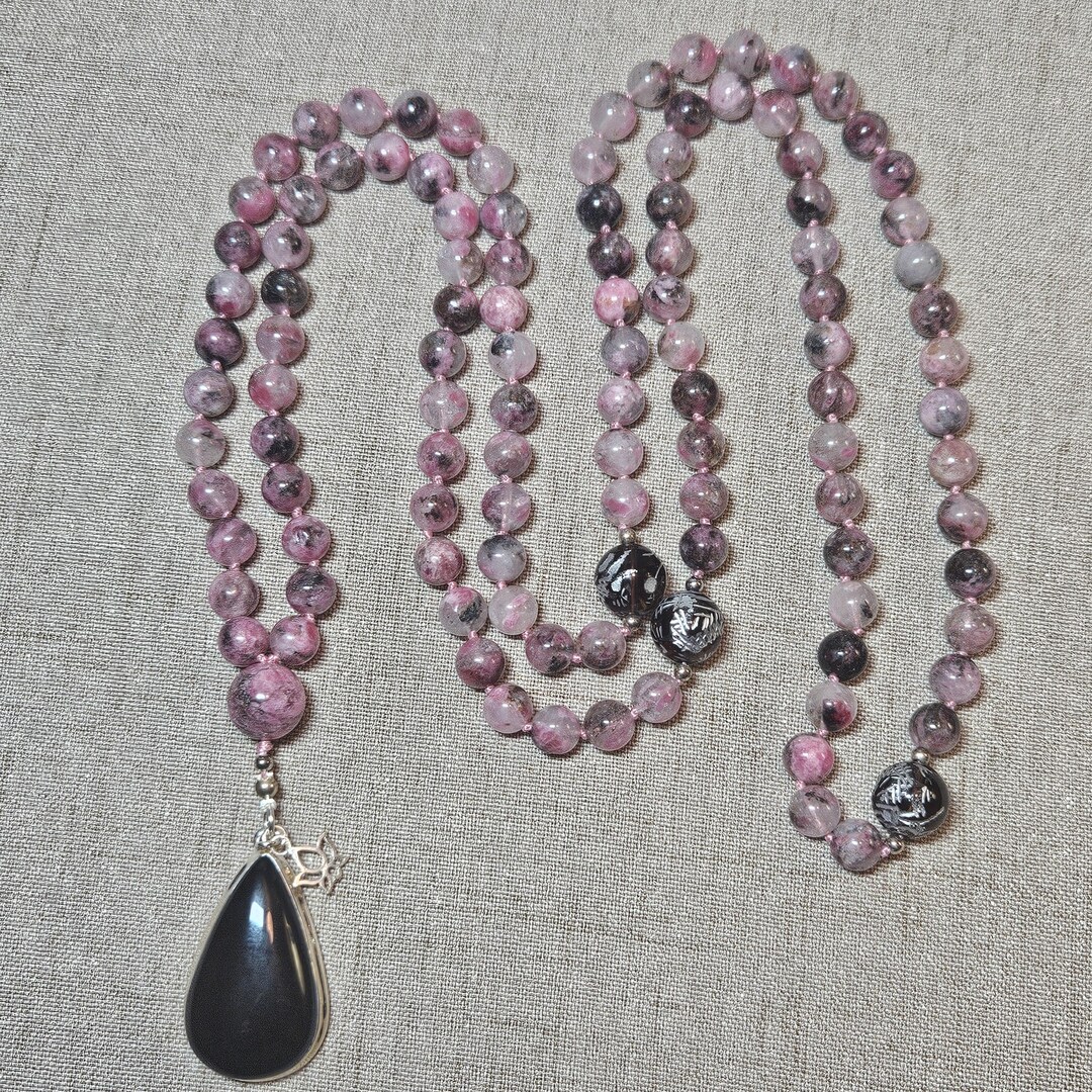 Ice Rhodonite Mala Beads Black Onyx Bezel Pendant & Lotus Charm Hand ...