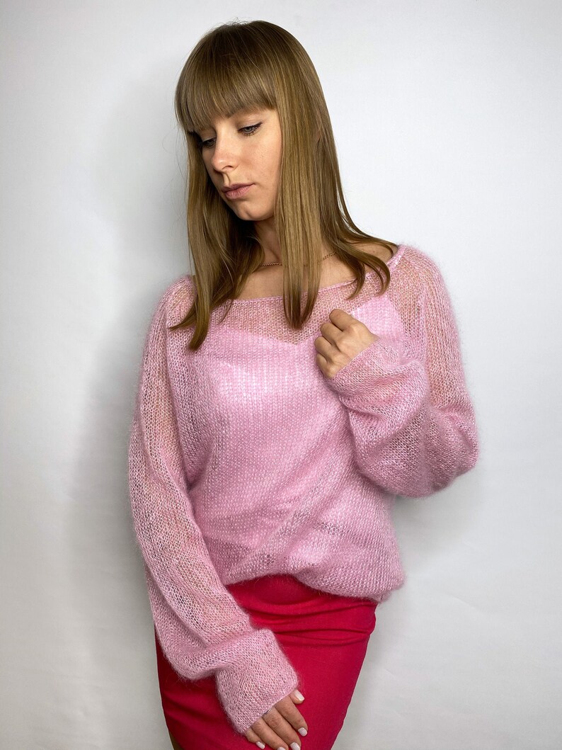 Free People Pink kid mohair sweater with silk, off the shoulder sweater, Hand Knitted Mohair Sweater Oversize, Fuzzy shops jumper pullover soft