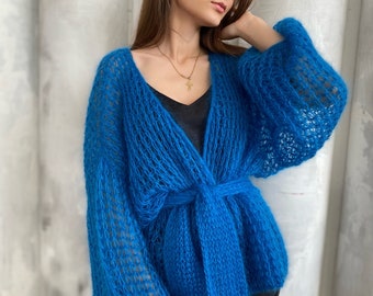 Blue cardigan knitted cardigan airy delicate cardigan mohair cardigan mohair with silk voluminous women's cardigan summer loose style