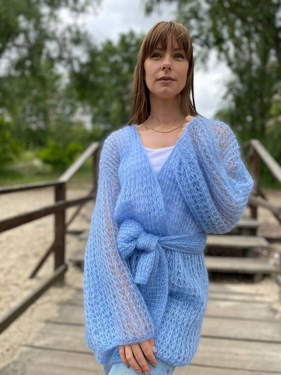 Sky Blue Mohair Cardigan, Hand Knitted Summer Cardigan, Soft