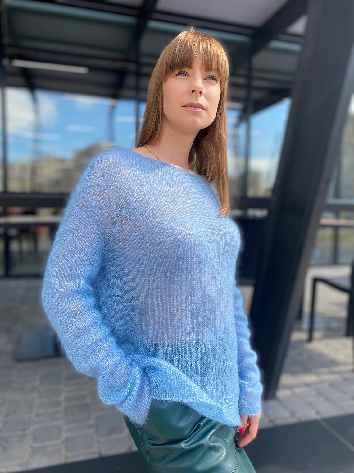 Sky Blue Mohair Sweater Mohair Dames trui Blauwe trui Etsy