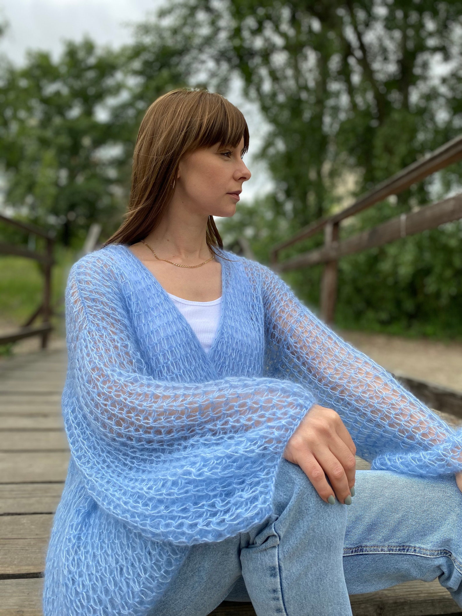Sky blue mohair cardigan Hand Knitted Summer Cardigan Soft Etsy