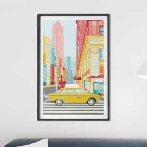 New York City Wall Art Print | NY Taxi Poster | NYC Empire State Building Illustration | Travel Digital Download |Retro Aesthetic Maximalist