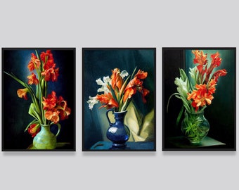 Still life Gladiolus Print Set, Flowers Art, Red Printable Wall Art, Print Gladiolus Decor, Red Flower Poster, Instant Download Still life