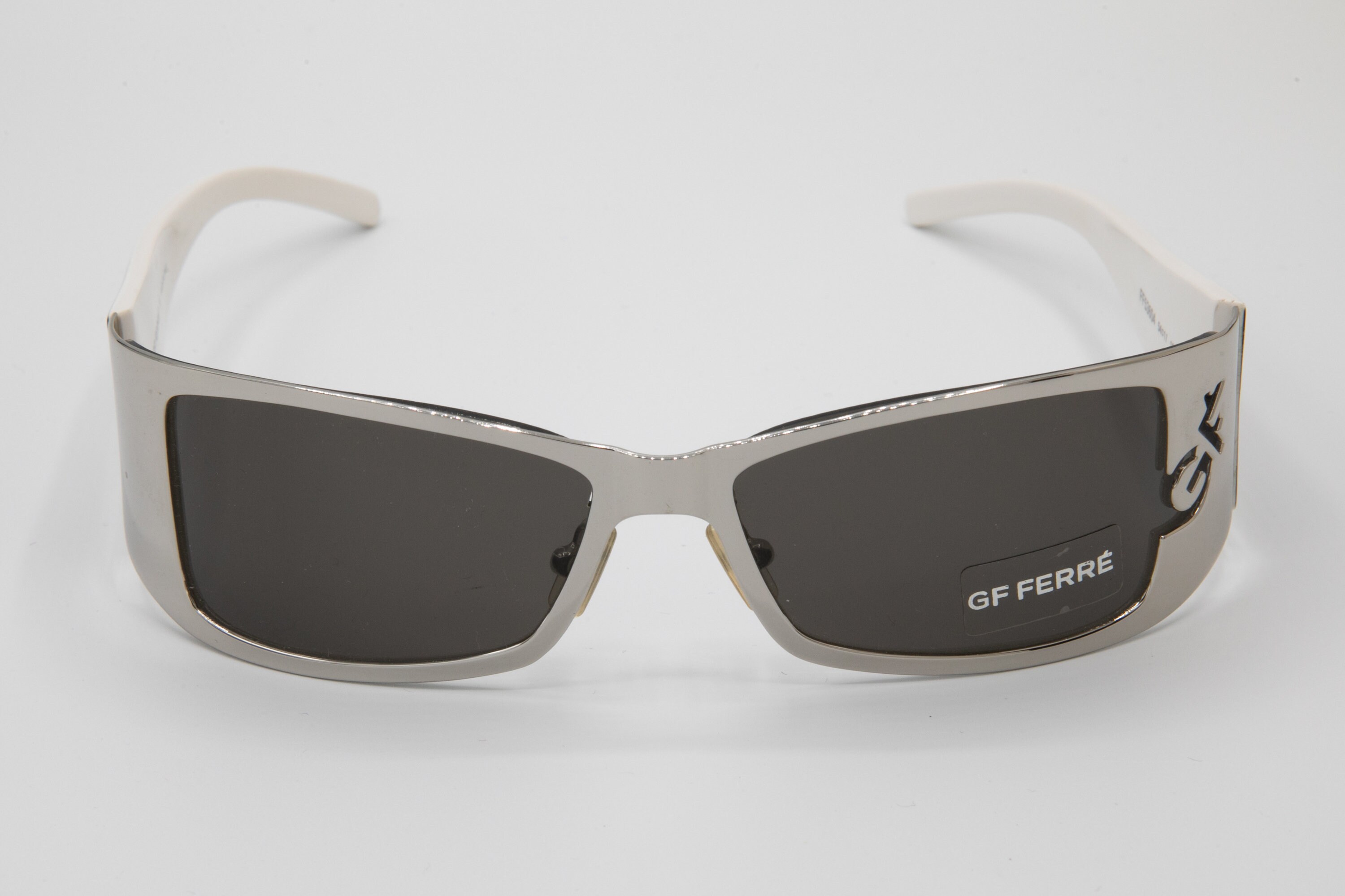 Ferre Silver Metal Sunglasses Squared 2000s Wraparound Black 