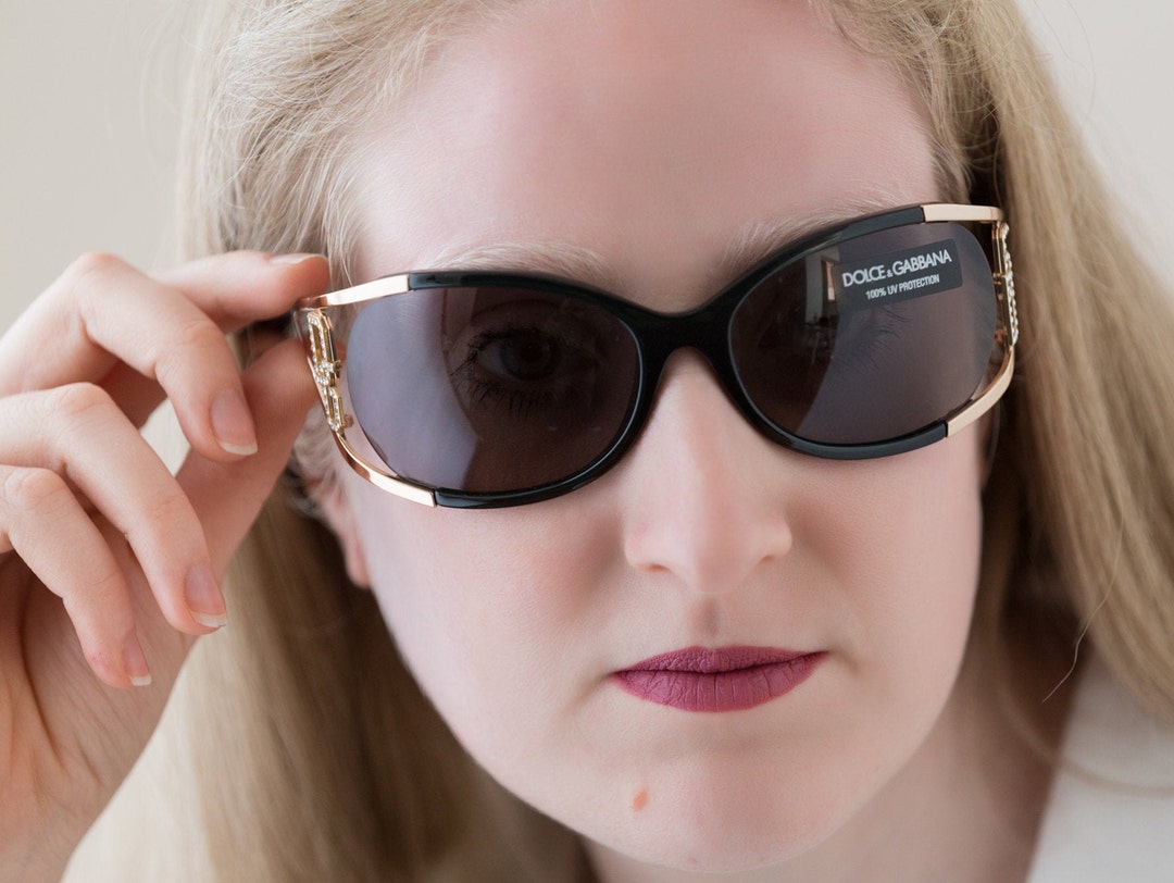 Dolce Gabbana Wrap Sunglasses 2000s Black & Gold With Rhinestones