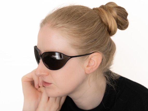 2000s PRADA 58E Oval Wrap Sunglasses Black Metal - Etsy