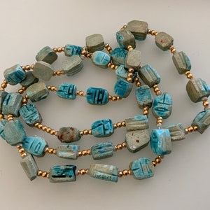 Egyptian Revival Blue Glazed Ceramic Clay Scarab Bead Necklace.