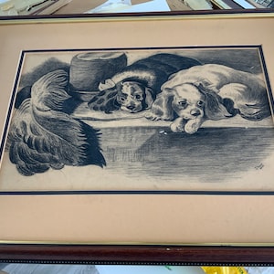 1916 original framed pencil drawing by a J Smith of a drawing from the 19th century of the &quot;Cavalier&#39;s Pets&quot; after Sir Edwin Landseer