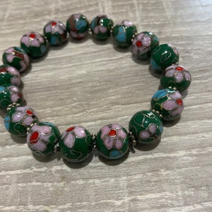 Chinese Cloisonne Bead Bracelet, Chinese Cloisonne Bracelet, Chinese Bracelet, Vintage Floral Cloisonne Beads from 70s Black Cord Bracelet