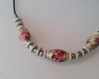 Vintage 60s English Floral Handmade Ceramic Bead Necklace, Statement Piece, Painted Pink Roses on Large White Beads, Black Leather Cord, 17&quot;