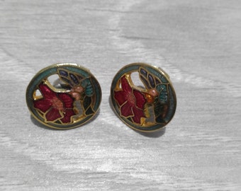 Flower Earrings Small Stud Blue Pink Cloisonné Enamel Floral Circle Lily Earrings Vintage Jewellery