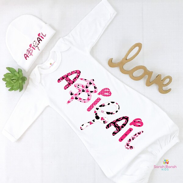 Personalized White Baby Gown and Baby Hat, Newborn, 0-3 Months, New Baby Gift, Sleeper, Take Home Outfit for Baby, Baby Shower Gift,