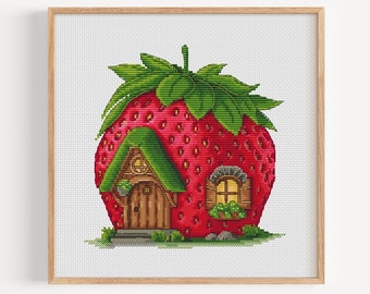 Strawberry House Cross Stitch Pattern PDF Instant Download, Cute Fantasy House Embroidery Pattern