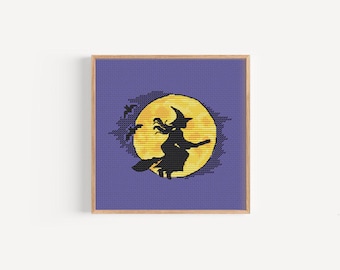 Flying Witch Cross Stitch Pattern: Halloween Embroidery (PDF Download)