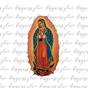 May include: A painting of the Virgin Mary, also known as Our Lady of Guadalupe, depicted in a blue and gold robe with a crown of stars. The painting is on a textured background.