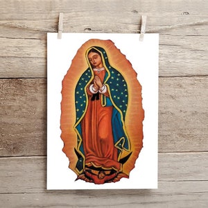 May include: A colorful illustration of the Virgin Mary, also known as Our Lady of Guadalupe, depicted in a traditional style with a blue and gold robe and a halo of stars.