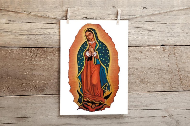 May include: A colorful illustration of the Virgin Mary, also known as Our Lady of Guadalupe, depicted in a traditional style with a blue and gold robe and a halo of stars.