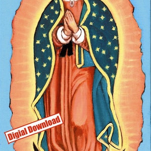 May include: A painting of the Virgin Mary, also known as Our Lady of Guadalupe, depicted in a blue and gold robe with a crown of stars. She is standing on a cloud with an angel kneeling below her.