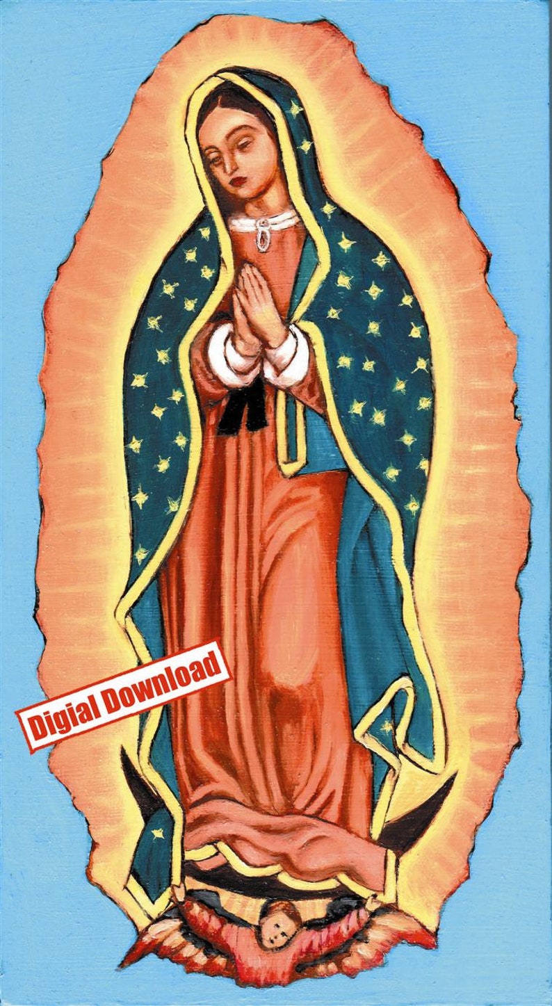 May include: A painting of the Virgin Mary, also known as Our Lady of Guadalupe, depicted in a blue and gold robe with a crown of stars. She is standing on a cloud with an angel kneeling below her.