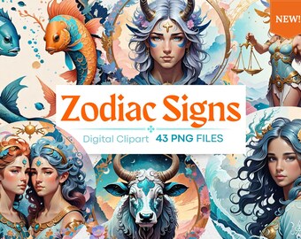 Zodiac Sign Astrology Watercolor Clipart 43 PNG Bundle, Instant Download, Transparent background, commercial use, Witchcraft, book of shadow