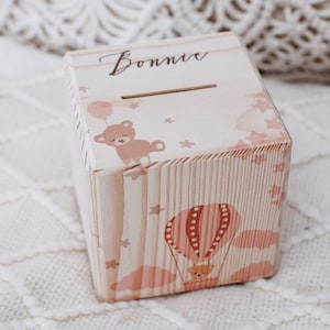 Money box, money box with name, money box for children, baptism money box, hot air balloon money box, baby gift, children&#39;s room decoration, wooden money box, piggy bank
