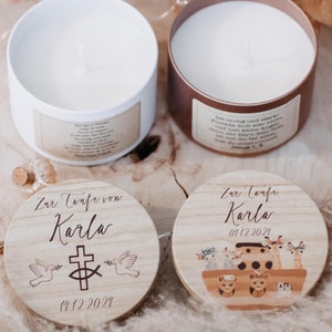 Personalized soy wax scented candle in a tin, baptism gift candle, baptism candle boy Noah&#39;s Ark, gift for baptism girl