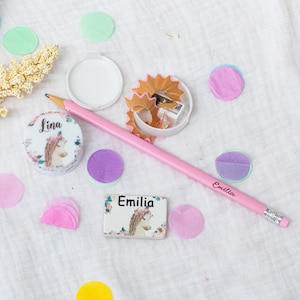 Écolier 2024, crayon personnalisé, gomme avec nom, taille-crayon personnalisé, cadeaux de scolarisation, cartable cheval