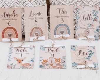 Carte d’anniversaire, Carte d’anniversaire personnalisée avec nom, Argent cadeau pour anniversaire, Carte d’argent bois avec nom, Carte cadeau bois