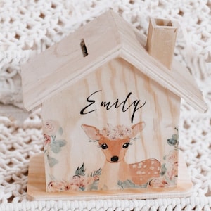 Money box, money box deer, money box with name, money box children, money box baptism, money box wood, baby gift, children&#39;s room decoration, wooden money box, baptism