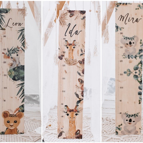 Medidor de altura personalizado – Medidor infantil con motivos de animales – Jirafa, Koala, Elefante y León – Natural o blanco – Regalo para habitación infantil