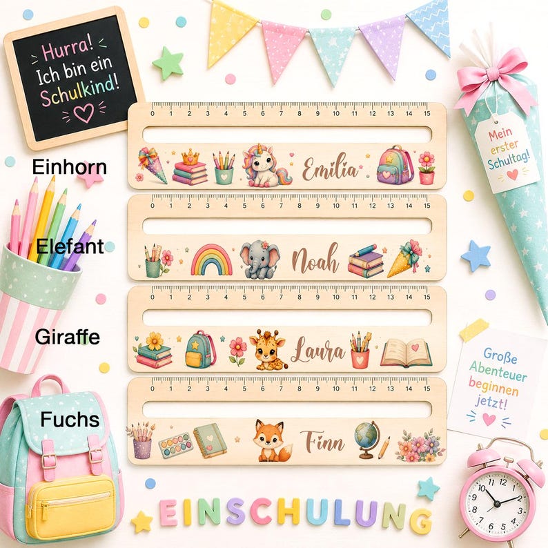 Personalisierte Lesehilfe mit Lineal und Namen als sinnvolles Schulkind Geschenk für Erstklässler und Leseanfänger.