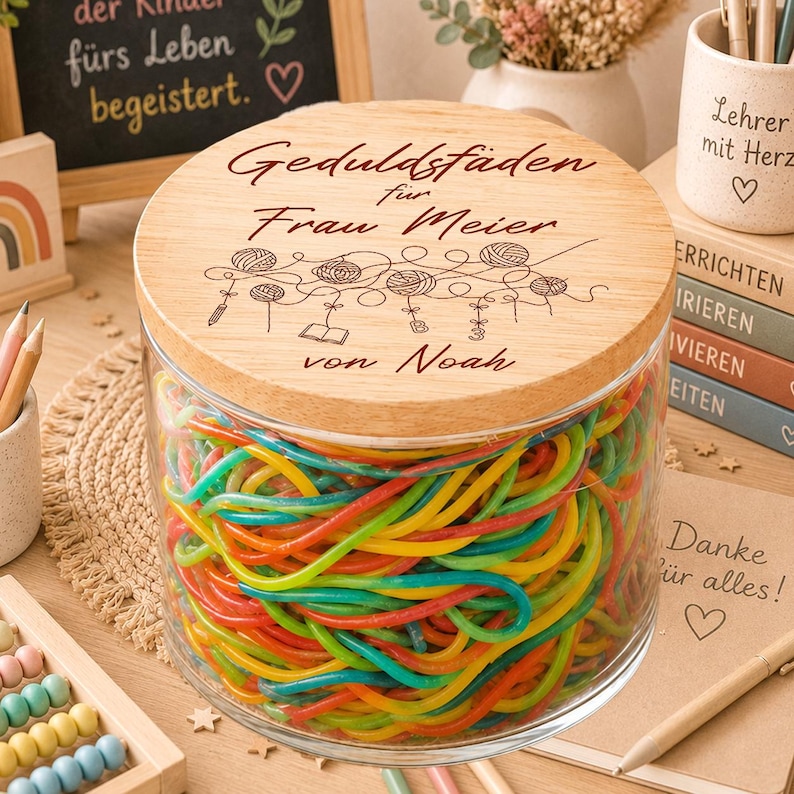Geduldsfäden Süßigkeiten Glas für Lehrerinnen personalisiert