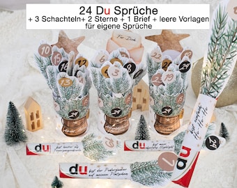 May include: An advent calendar with the text "24 Du Sprüche" and other text in German. The calendar features decorative paper cones with numbers, small Christmas trees, and star-shaped ornaments. The overall theme is festive.