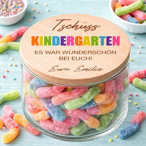 Personalisiertes Kita Abschiedsgeschenk Glas mit Tschüss Kindergarten Motiv und Wunschname